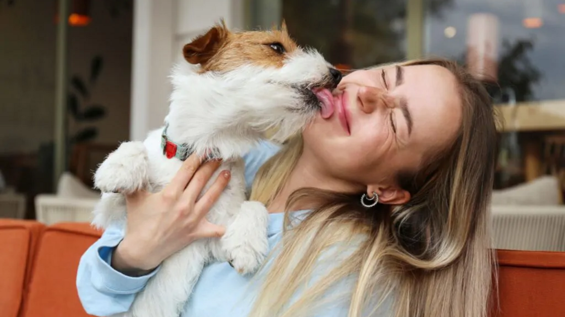 Mulher recebe lambidela do cão enquanto o segura