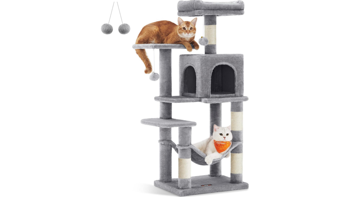 Árvore para gatos com plataformas, postes de sisal e brinquedos suspensos