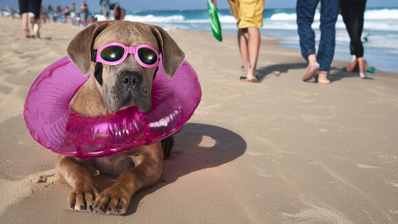 Cão na praia, com óculos e boia, refresca-se do calor de verão
