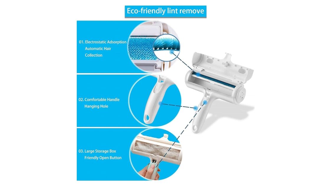 Removedor ecológico para pelos com pega confortável e caixa de armazenamento grande