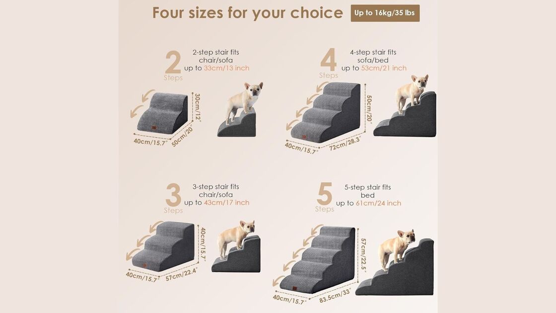 Quatro tamanhos de escadas para cães, ideais para sofás e camas até 61cm