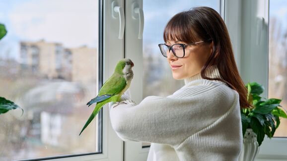 Mulher com periquito no braço partilha dicas de saúde para aves