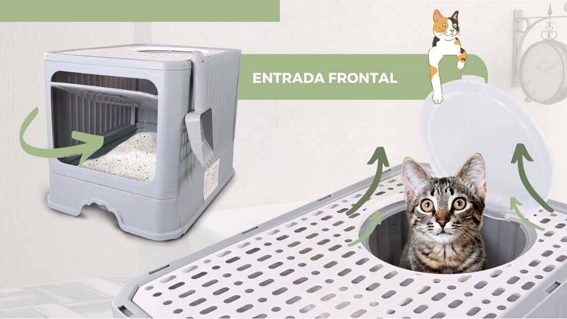 Caixa de areia para gatos com dupla abertura: entrada frontal e saída superior
