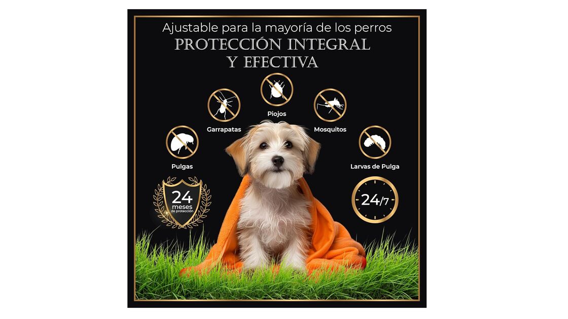 Proteção para cães contra pulgas, carraças, piolhos e mosquitos, durante 24 meses, 24/7