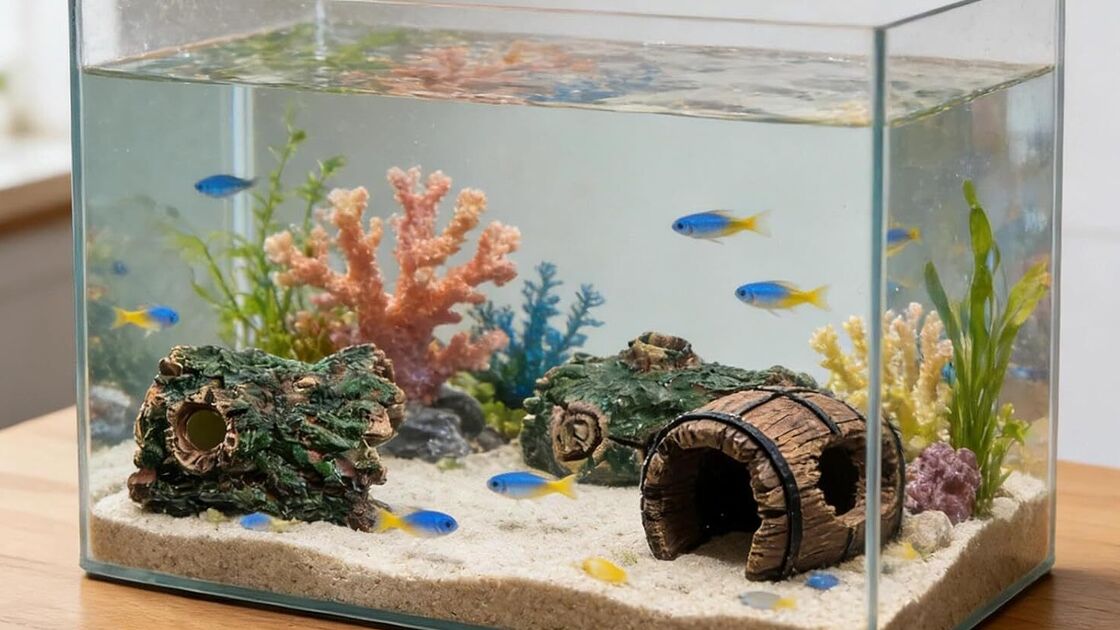 Decoração e paisagismo para aquário de peixes com esconderijos