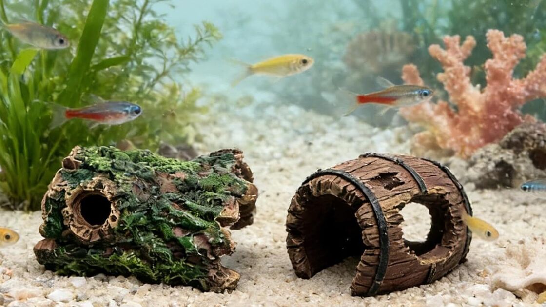 Peixes e esconderijos num aquário para reduzir o stress e manter o equilíbrio do ecossistema