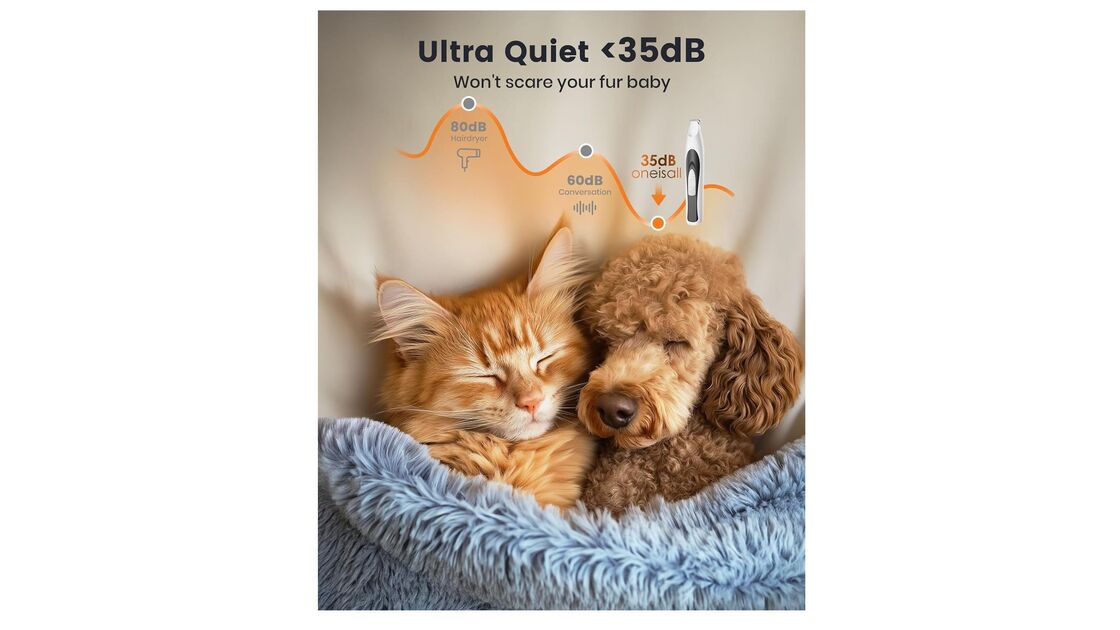 A máquina de barbear silenciosa (<35dB) não assusta o seu animal de estimação