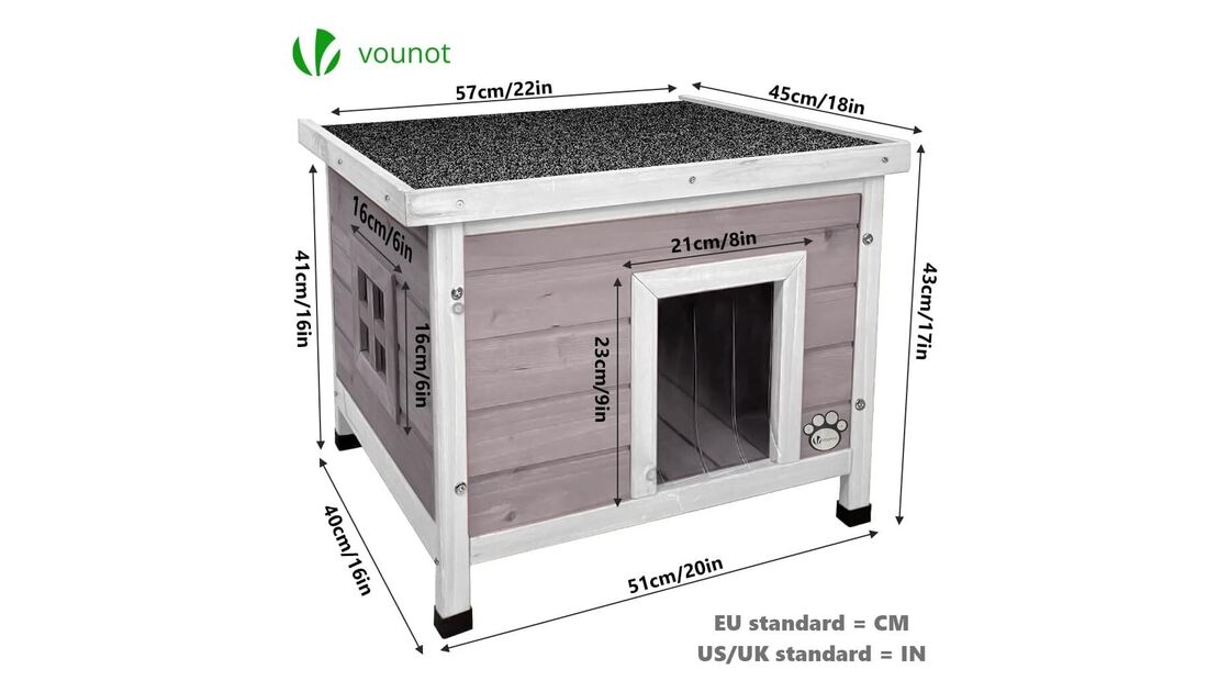 Casa para cães com dimensões em centímetros e polegadas