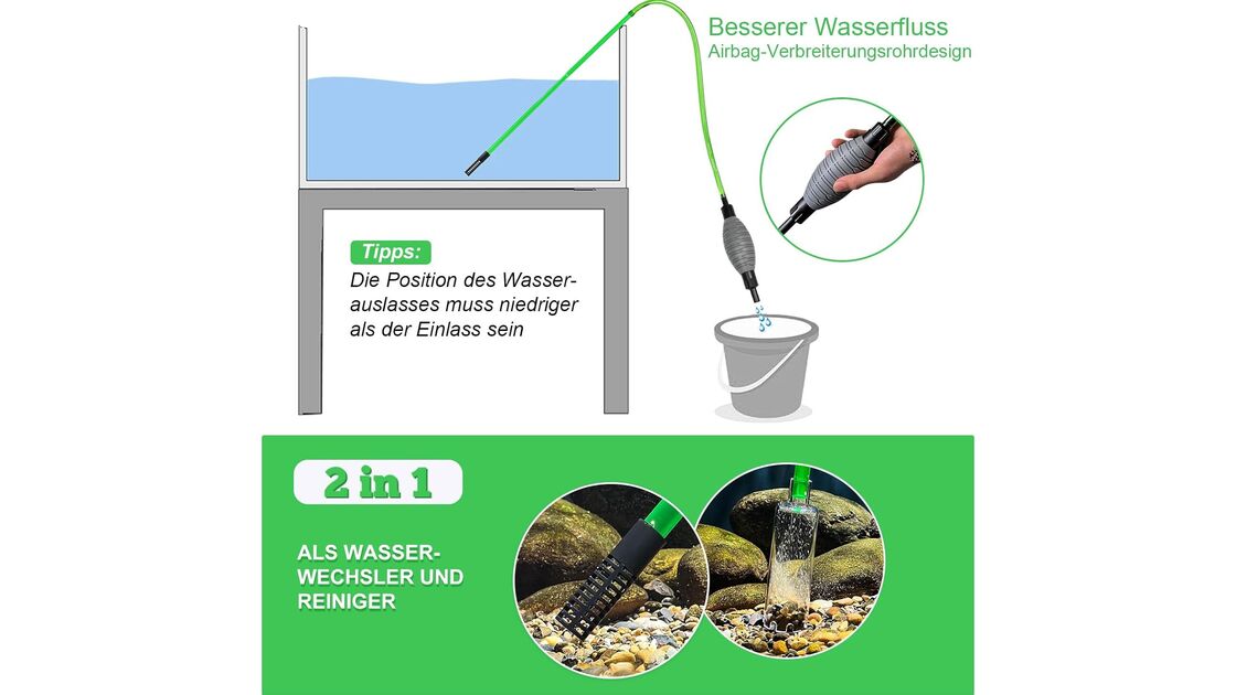 Ferramenta 2 em 1 para limpeza e mudança de água do aquário