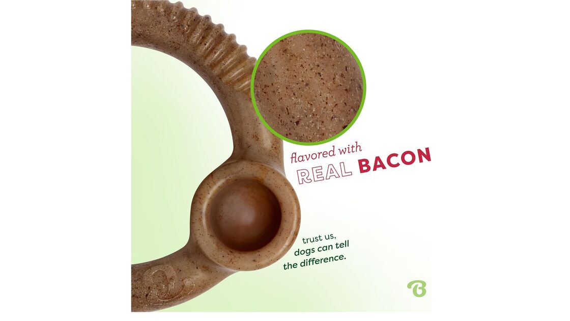 Brinquedo para cão com sabor a bacon alivia o stress e protege os móveis.
