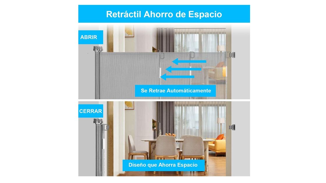 Barreira de segurança retrátil, ideal para poupar espaço e proteger animais e bebés em casa