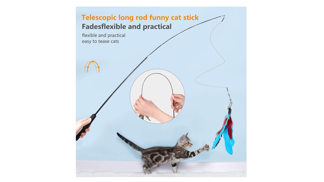 Vara telescópica flexível e prática para brincar com gatos.
