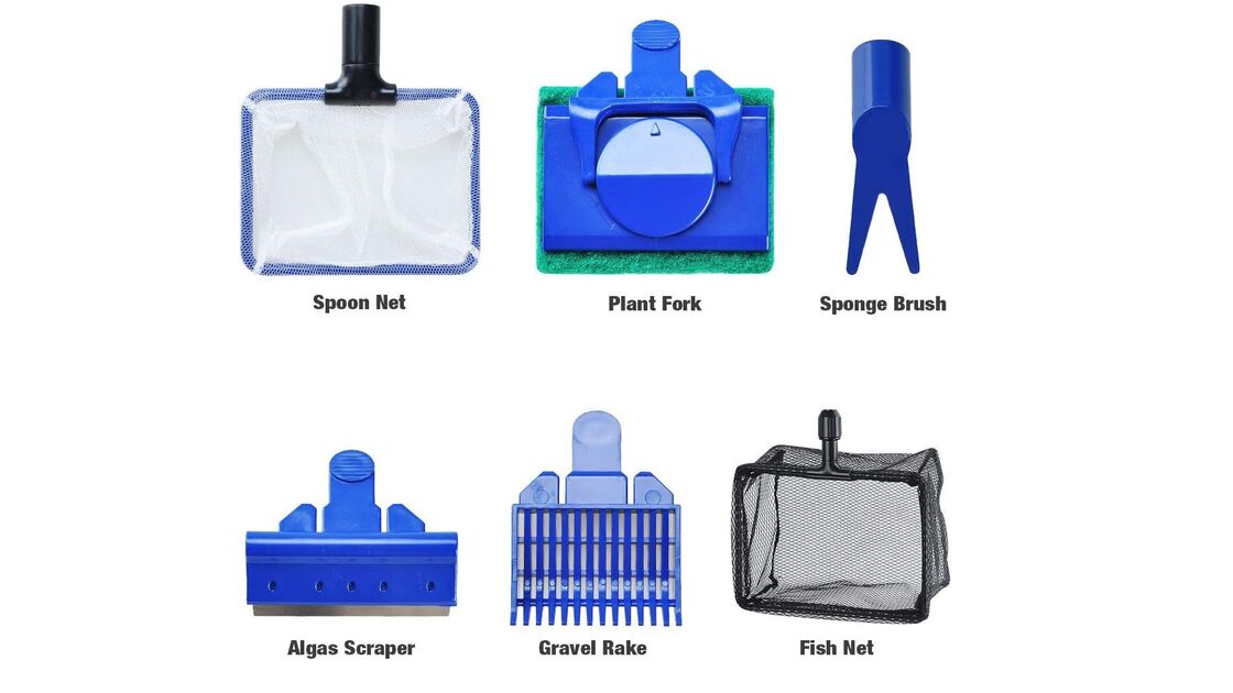 Conjunto de ferramentas para limpeza de aquário: rede, garfo, escova, raspador e ancinho