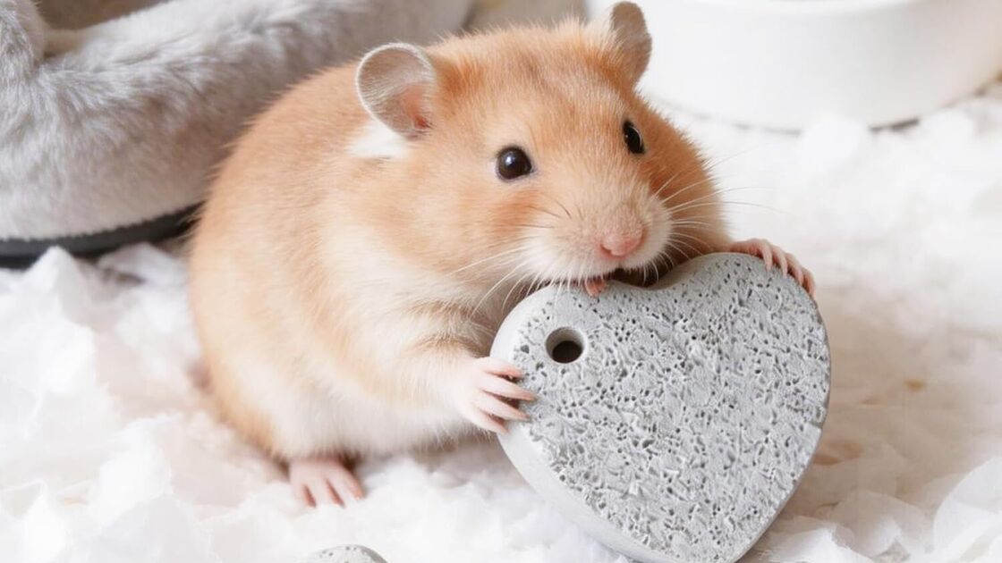 Hamster com pedra em forma de coração, um roedor que precisa de roer