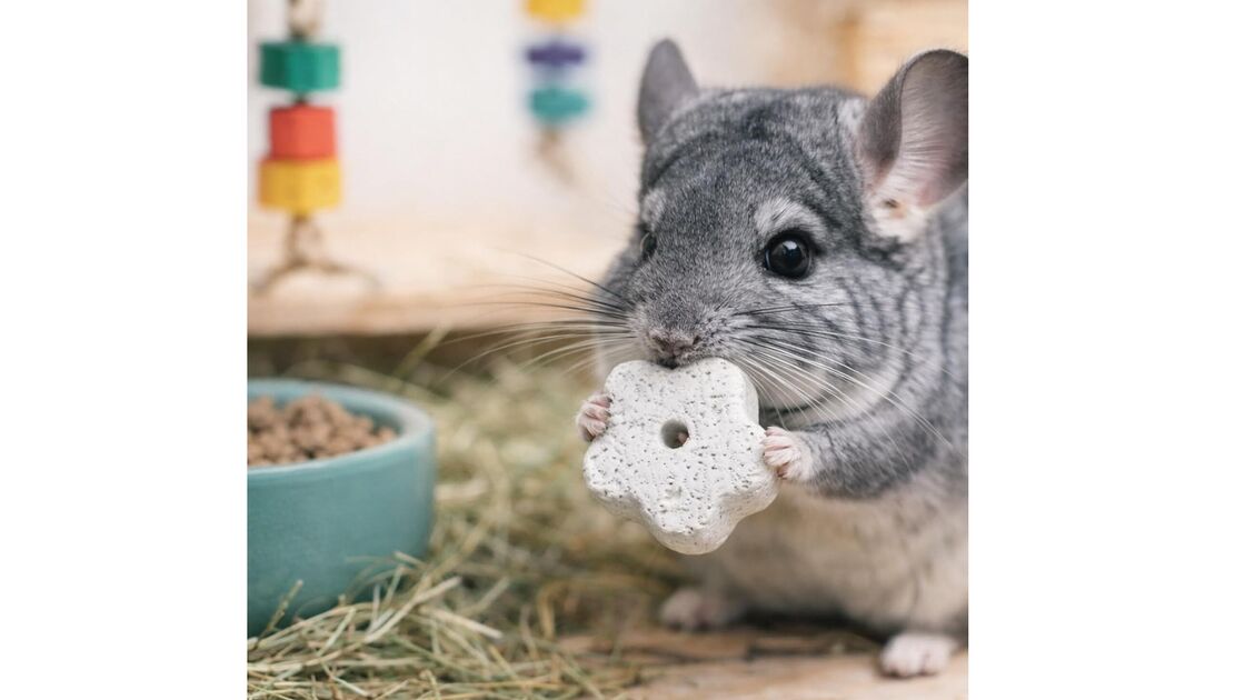 Chinchila comemora a sua recompensa com uma flor em forma de petisco