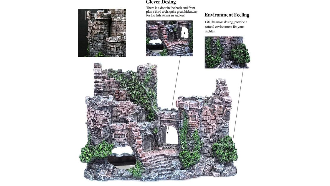 Castelo com portas e arcos que serve de esconderijo para peixes e habitat para répteis