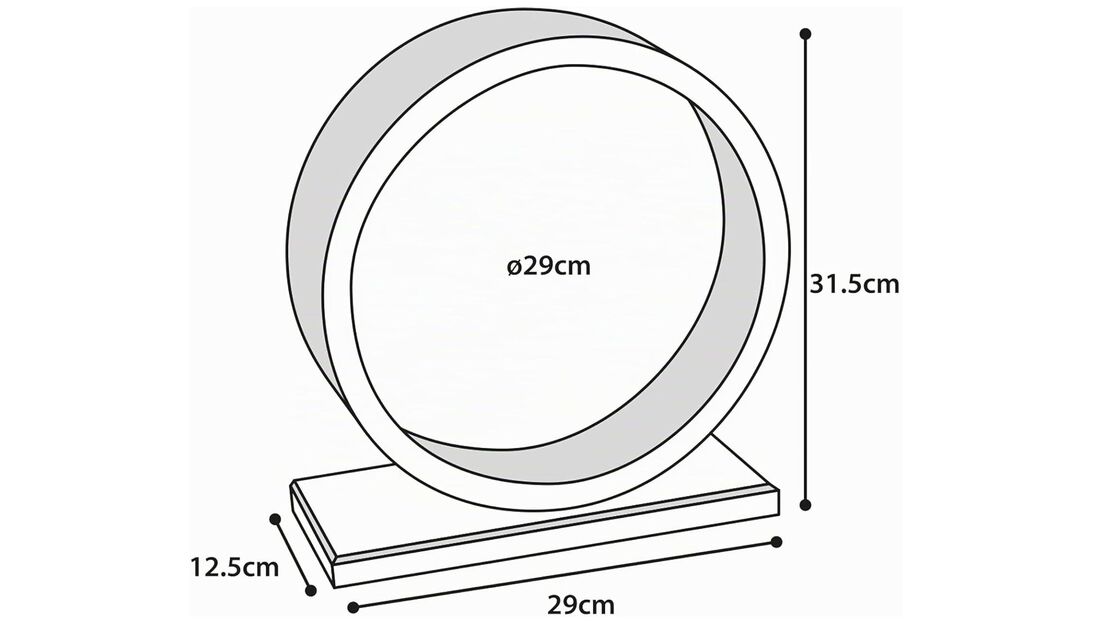 Diâmetro de 29 cm, altura de 31,5 cm e base de 29 cm por 12,5 cm
